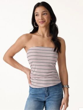 NWT  Strapless Tube Top with Built in Bra in Pink, White & Gray Stripes -OGL